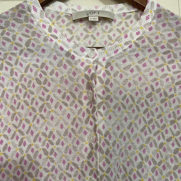 LOFT Womens White Geometric Floral Button Up Ribbed Cuff Cardigan Sweater Medium - Picture 3 of 6